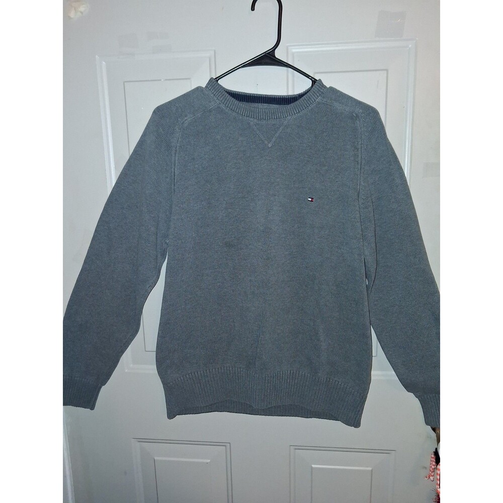 Tommy Hilfiger Mens L Gray Cotton Knit Crewneck Sweater Flag Logo V-Stitch 6/09